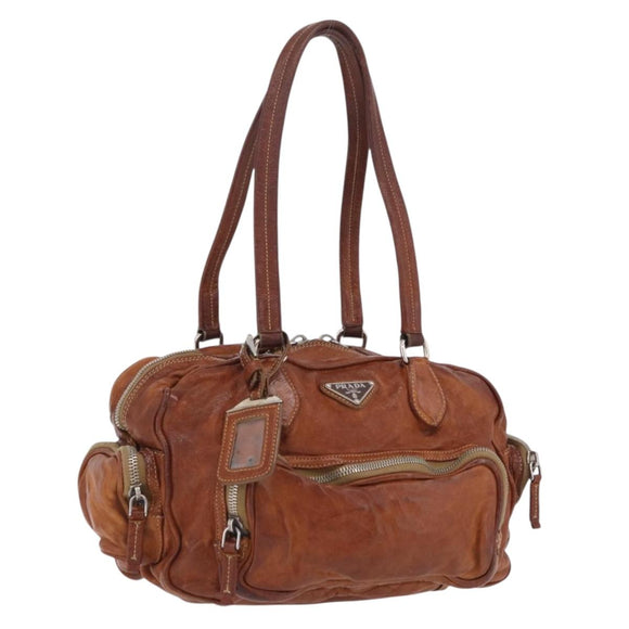 PRADA Tote Bag Leather Brown Silver Auth 209547V