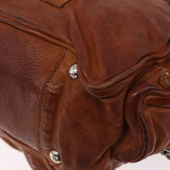 PRADA Tote Bag Leather Brown Silver Auth 209547V