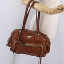 PRADA Tote Bag Leather Brown Silver Auth 209547V-26