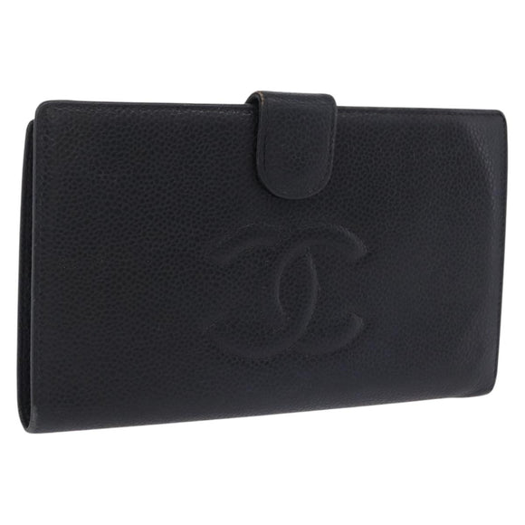 CHANEL Long Wallet Caviar Skin Black Gold Tone CC Auth 209562