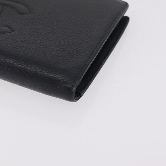 CHANEL Long Wallet Caviar Skin Black Gold Tone CC Auth 209562