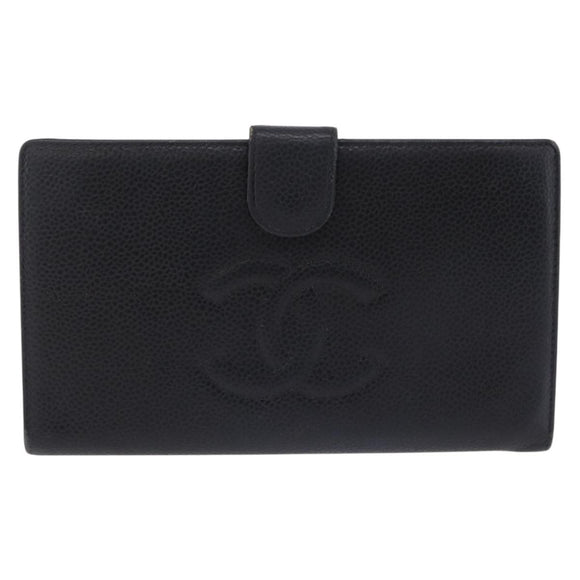 CHANEL Long Wallet Caviar Skin Black Gold Tone CC Auth 209562
