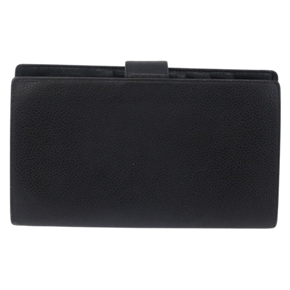 CHANEL Long Wallet Caviar Skin Black Gold Tone CC Auth 209562