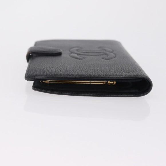 CHANEL Long Wallet Caviar Skin Black Gold Tone CC Auth 209562