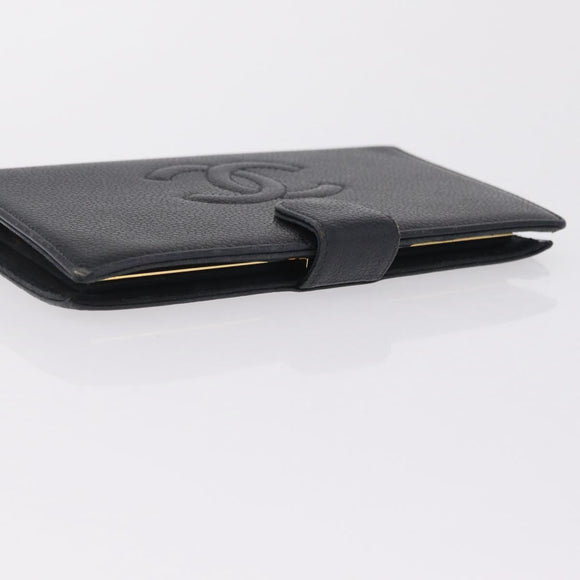 CHANEL Long Wallet Caviar Skin Black Gold Tone CC Auth 209562