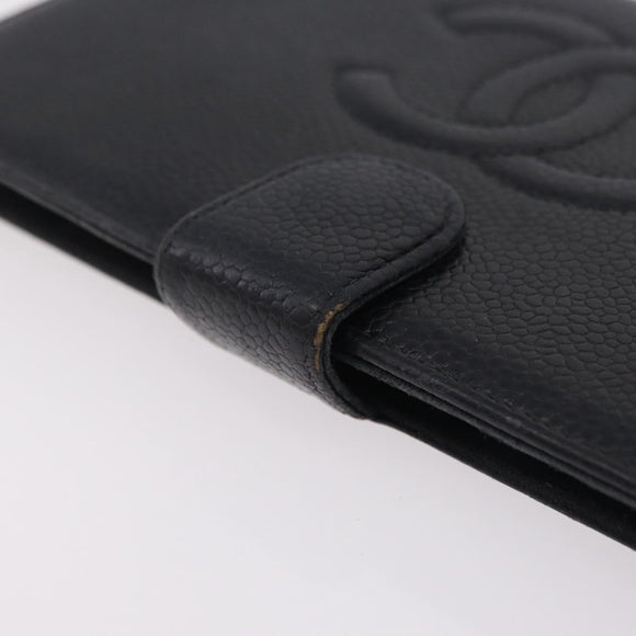CHANEL Long Wallet Caviar Skin Black Gold Tone CC Auth 209562