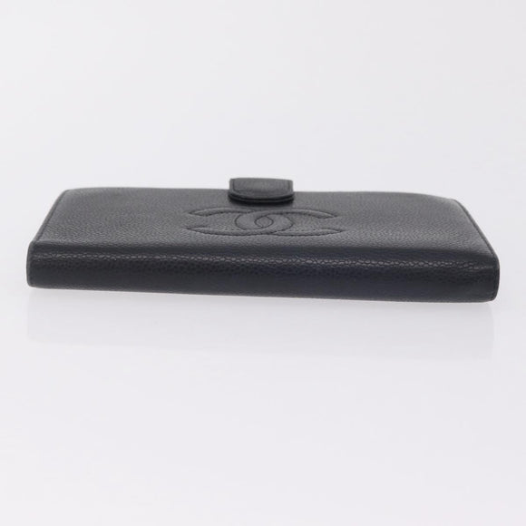 CHANEL Long Wallet Caviar Skin Black Gold Tone CC Auth 209562