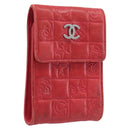 CHANEL Camelia Cigarette Case Lamb Skin Red Silver CC Auth 209563-1