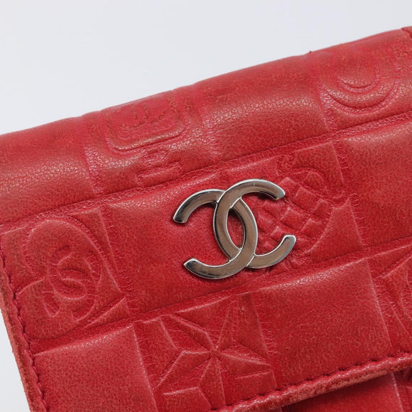 CHANEL Camelia Cigarette Case Lamb Skin Red Silver CC Auth 209563