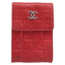 CHANEL Camelia Cigarette Case Lamb Skin Red Silver CC Auth 209563-2