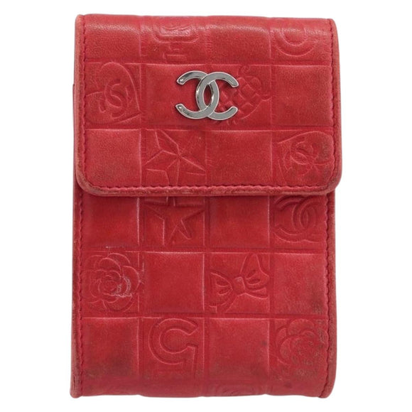 CHANEL Camelia Cigarette Case Lamb Skin Red Silver CC Auth 209563