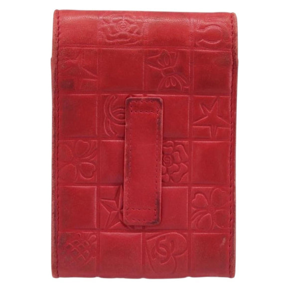 CHANEL Camelia Cigarette Case Lamb Skin Red Silver CC Auth 209563