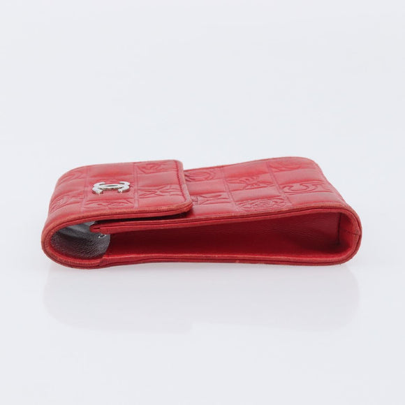 CHANEL Camelia Cigarette Case Lamb Skin Red Silver CC Auth 209563