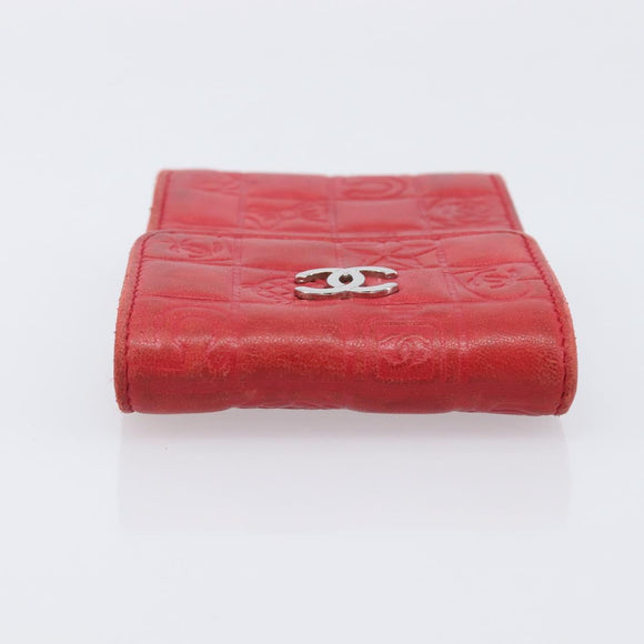 CHANEL Camelia Cigarette Case Lamb Skin Red Silver CC Auth 209563