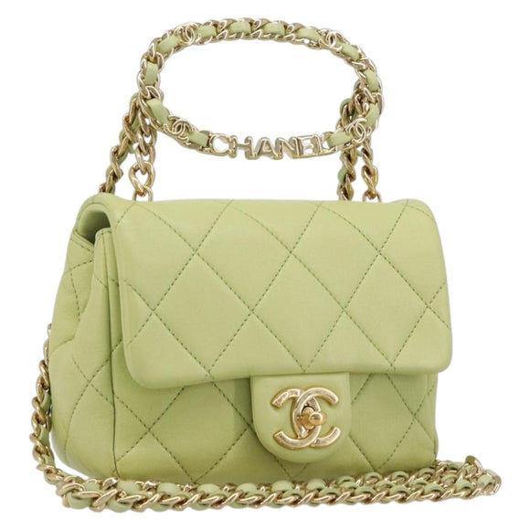 CHANEL Matelasse Chain Shoulder Bag Lamb Skin 2way Green Gold CC Auth 209576SM