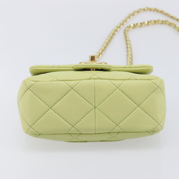 CHANEL Matelasse Chain Shoulder Bag Lamb Skin 2way Green Gold CC Auth 209576SM