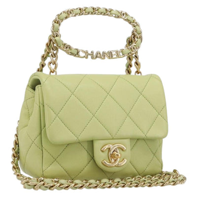 CHANEL Matelasse Chain Shoulder Bag Lamb Skin 2way Green Gold CC Auth 209576SM