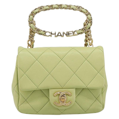 CHANEL Matelasse Chain Shoulder Bag Lamb Skin 2way Green Gold CC Auth 209576SM - 0
