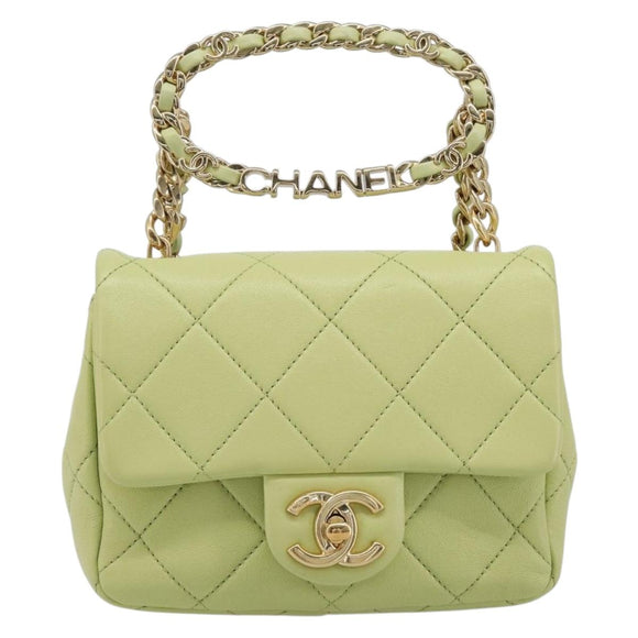 CHANEL Matelasse Chain Shoulder Bag Lamb Skin 2way Green Gold CC Auth 209576SM