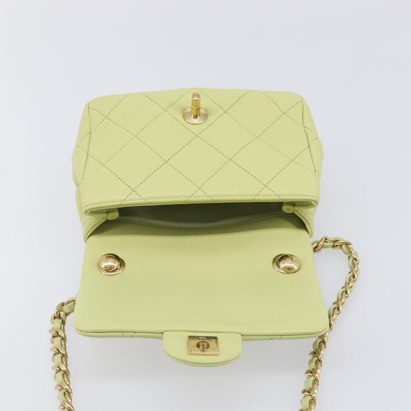 CHANEL Matelasse Chain Shoulder Bag Lamb Skin 2way Green Gold CC Auth 209576SM