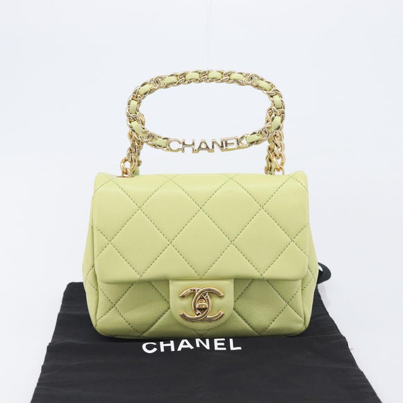 CHANEL Matelasse Chain Shoulder Bag Lamb Skin 2way Green Gold CC Auth 209576SM