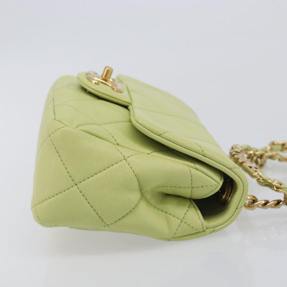 CHANEL Matelasse Chain Shoulder Bag Lamb Skin 2way Green Gold CC Auth 209576SM