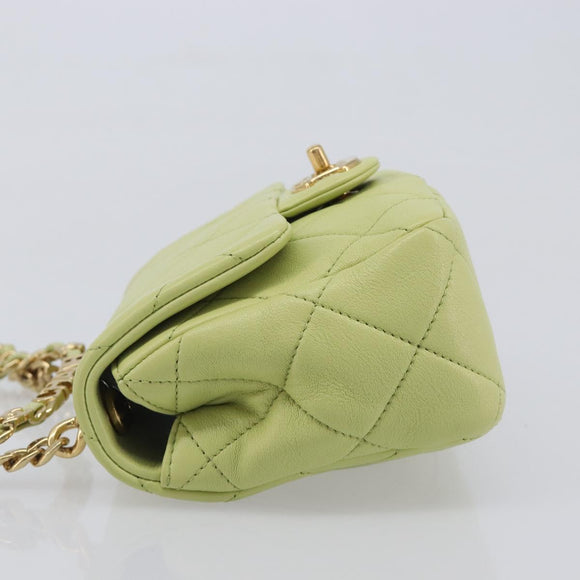 CHANEL Matelasse Chain Shoulder Bag Lamb Skin 2way Green Gold CC Auth 209576SM