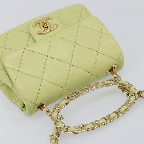 CHANEL Matelasse Chain Shoulder Bag Lamb Skin 2way Green Gold CC Auth 209576SM