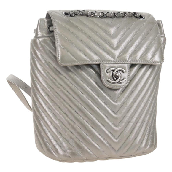 CHANEL V Stitch Backpack Leather Silver CC Auth 209577V
