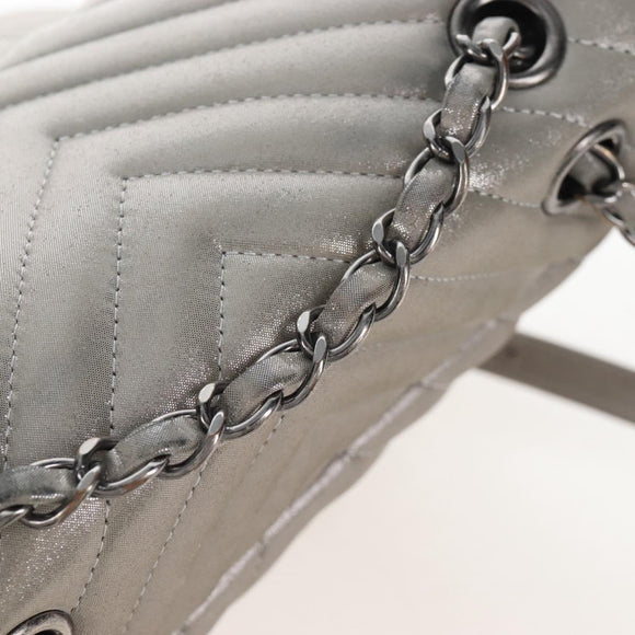 CHANEL V Stitch Backpack Leather Silver CC Auth 209577V