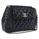 CHANEL Matelasse Chain Shoulder Bag Patent Navy Silver CC Auth 209580A-1