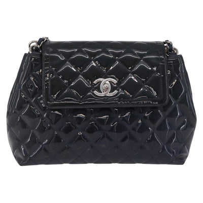 CHANEL Matelasse Chain Shoulder Bag Patent Navy Silver CC Auth 209580A - 0