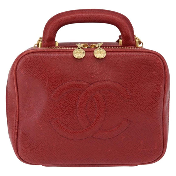 CHANEL Vanity Hand Bag Caviar Skin 2way Red Gold Tone CC Auth 209581