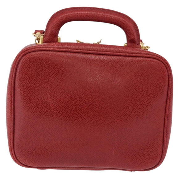 CHANEL Vanity Hand Bag Caviar Skin 2way Red Gold Tone CC Auth 209581