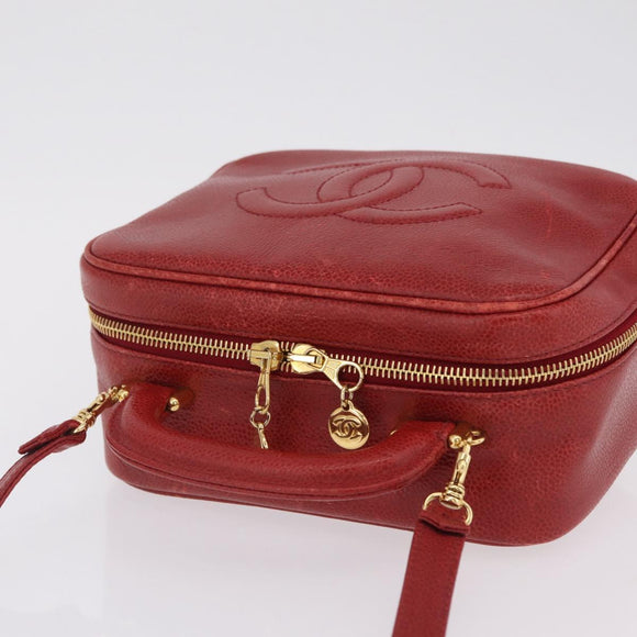 CHANEL Vanity Hand Bag Caviar Skin 2way Red Gold Tone CC Auth 209581