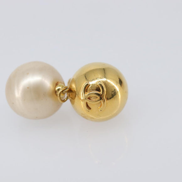 CHANEL Earring Metal Gold Tone White CC Auth 209603