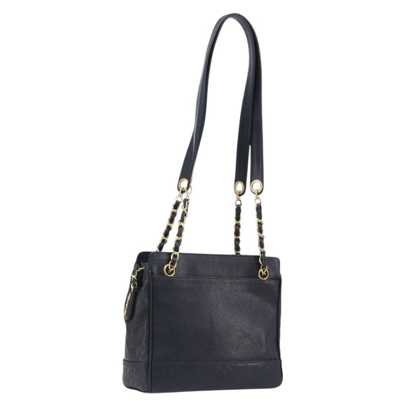 CHANEL Chain Shoulder Tote Bag Caviar Skin Black Gold Tone CC Auth 209618A