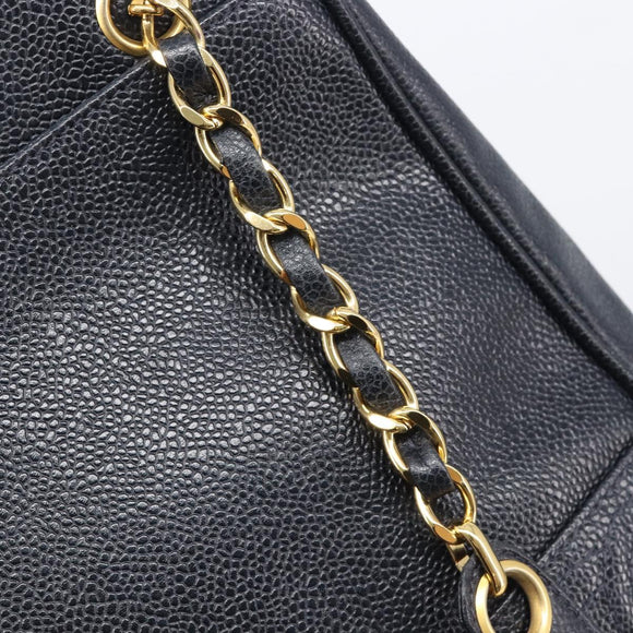 CHANEL Chain Shoulder Tote Bag Caviar Skin Black Gold Tone CC Auth 209618A