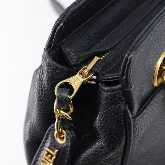 CHANEL Chain Shoulder Tote Bag Caviar Skin Black Gold Tone CC Auth 209618A