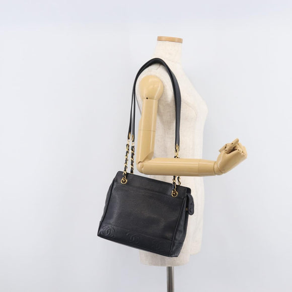 CHANEL Chain Shoulder Tote Bag Caviar Skin Black Gold Tone CC Auth 209618A