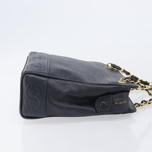 CHANEL Chain Shoulder Tote Bag Caviar Skin Black Gold Tone CC Auth 209618A