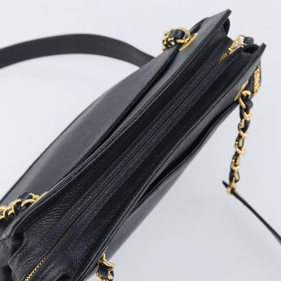 CHANEL Chain Shoulder Tote Bag Caviar Skin Black Gold Tone CC Auth 209618A