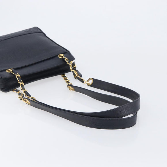 CHANEL Chain Shoulder Tote Bag Caviar Skin Black Gold Tone CC Auth 209618A