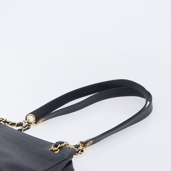 CHANEL Chain Shoulder Tote Bag Caviar Skin Black Gold Tone CC Auth 209618A