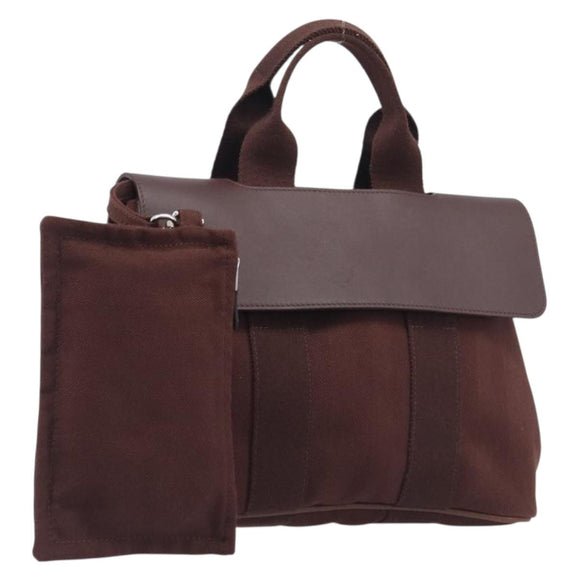 HERMES Valparaiso PM Hand Bag Canvas Brown Silver Auth 209635V