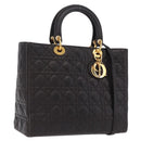 Christian Dior Canage Lady Dior Hand Bag Lamb Skin Dark Brown Gold Auth 209640V-1