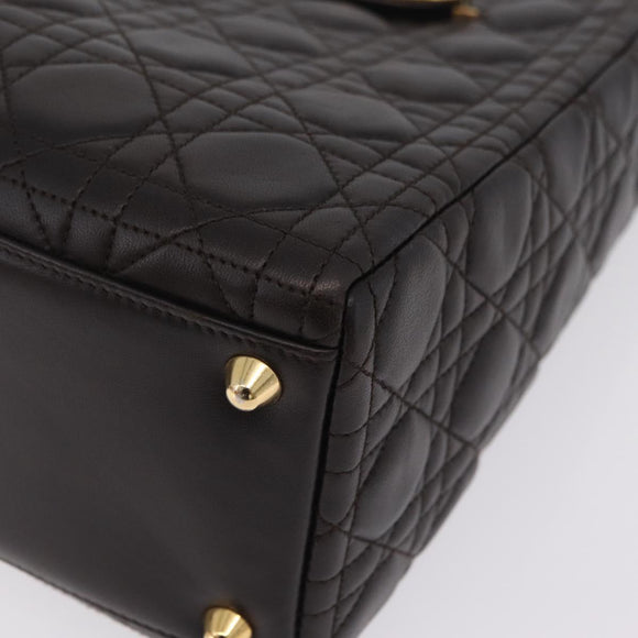 Christian Dior Canage Lady Dior Hand Bag Lamb Skin Dark Brown Gold Auth 209640V