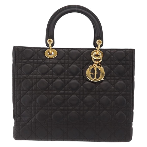 Christian Dior Canage Lady Dior Hand Bag Lamb Skin Dark Brown Gold Auth 209640V