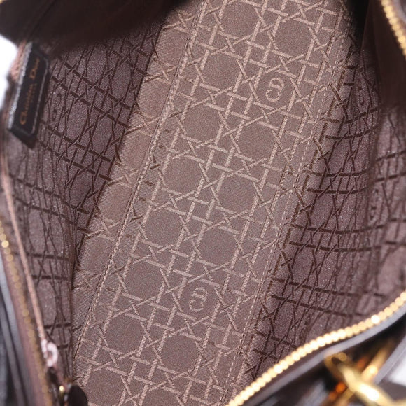 Christian Dior Canage Lady Dior Hand Bag Lamb Skin Dark Brown Gold Auth 209640V
