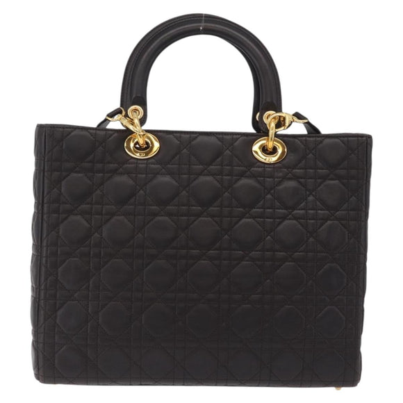 Christian Dior Canage Lady Dior Hand Bag Lamb Skin Dark Brown Gold Auth 209640V